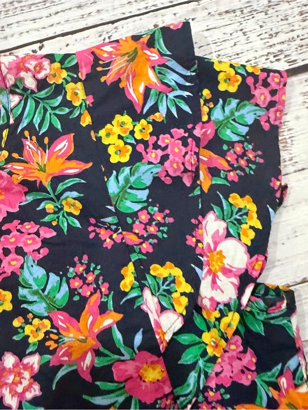 J. Crew Floral Short Sleeve Top - Navy with Pink & Yellow Blooms extra small